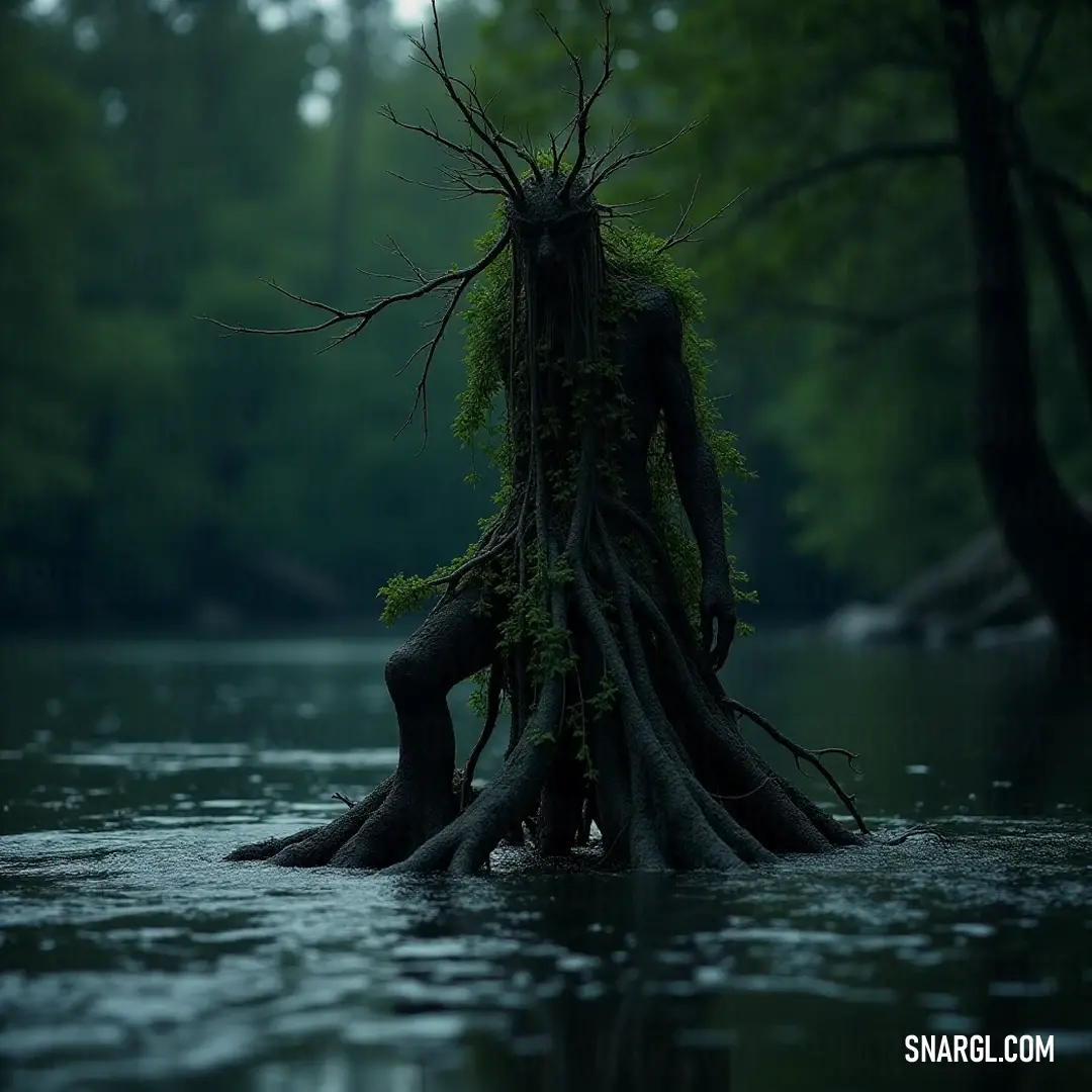An ancient tree stump in serene waters, showcasing a thriving tree that symbolizes resilience and the enduring cycle of life amidst tranquil surroundings. An ancient tree stump rises from a tranquil body of water, adorned with a vibrant tree that bursts forth from its trunk, offering a glimpse into nature's resilience and the interconnectedness of life.