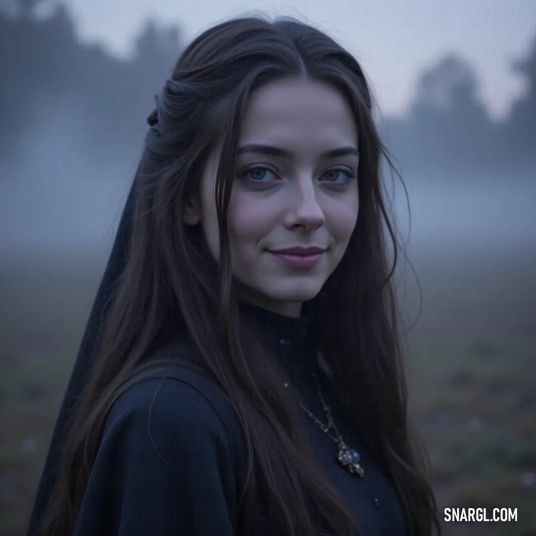 A serene figure stands amidst a fog-draped field, her long hair cascading around her as she gazes into the distance, evoking a sense of calm and introspection in this ethereal setting. A woman with flowing hair stands amidst a vast, fog-covered field, where ghostly trees emerge from the mist. Her serene expression speaks of a deeper connection to this tranquil yet mysterious landscape.
