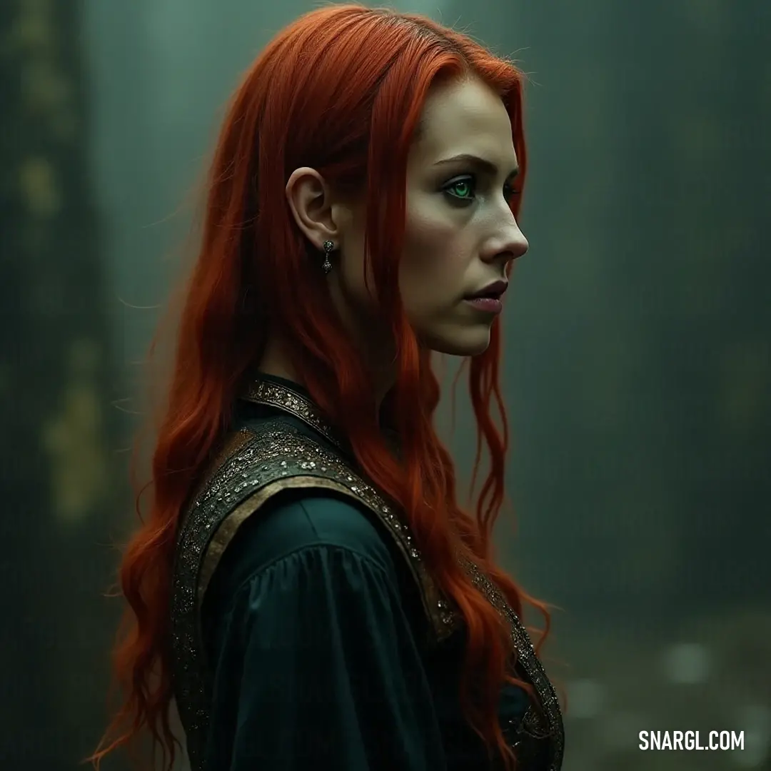 A mesmerizing figure with fiery red hair and bright green eyes stands in a foggy forest, her intense gaze piercing through the mist, suggesting a narrative of intrigue and adventure. In a shadowy forest thick with fog, a woman with vibrant red hair and piercing green eyes stares intently into the distance, her presence heightened by the mystical atmosphere created by the looming trees.