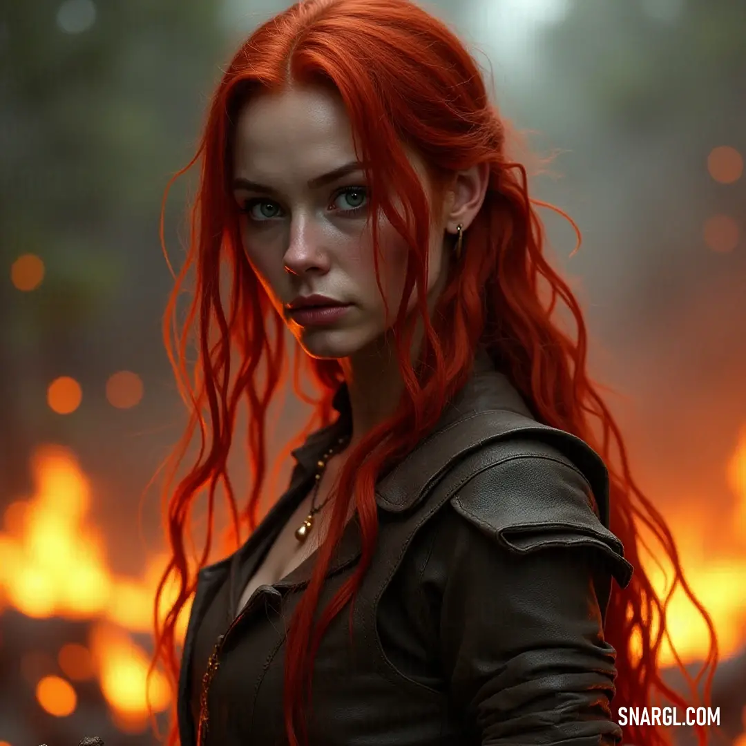 A powerful image captured in flames, a young woman with striking red hair and piercing blue eyes stands confidently against a backdrop of bright orange fire, embodying strength and resilience amid chaos.
