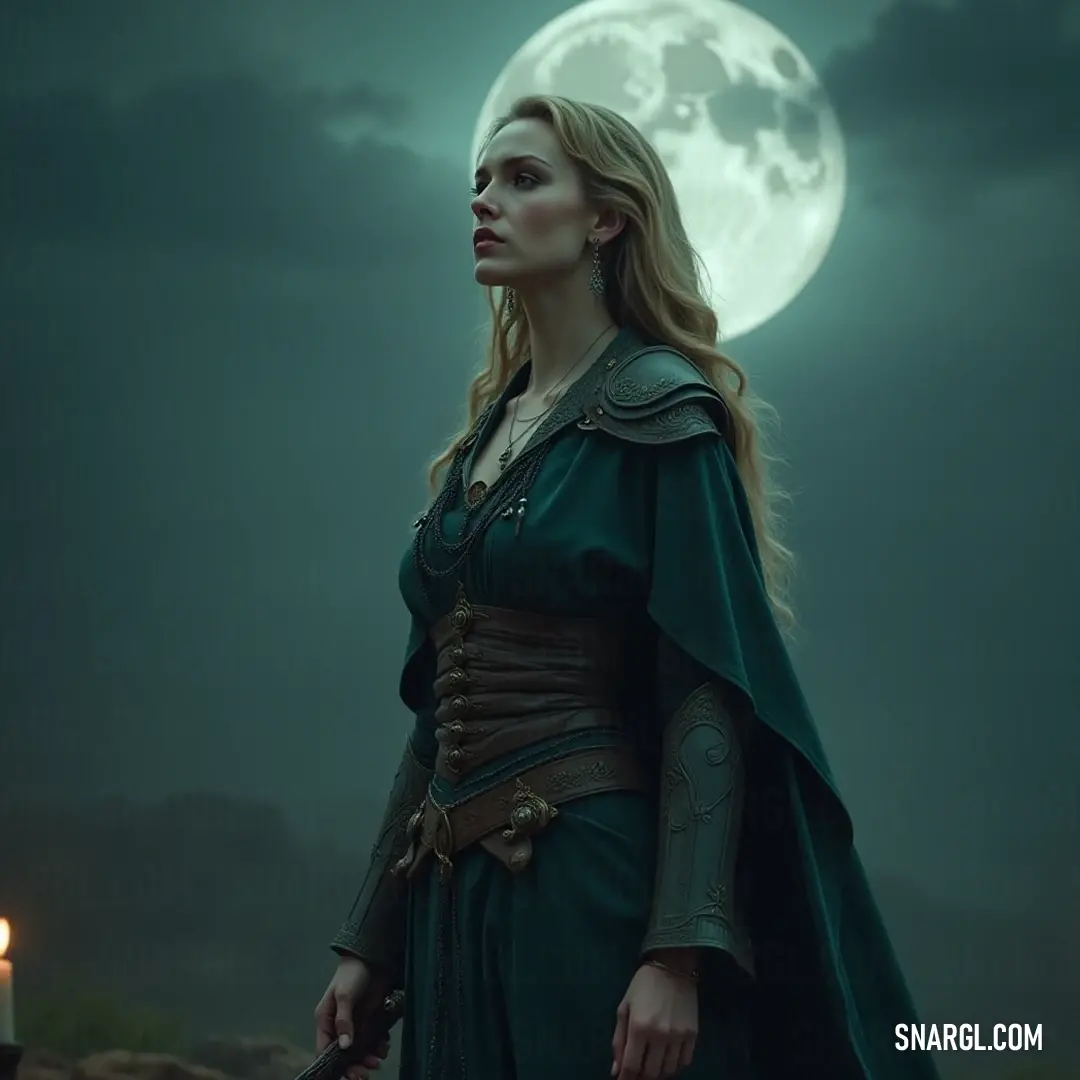 Under the silvery glow of a full moon, a resolute figure appears with a sword and candle, exuding an aura of mystery and strength in the nocturnal landscape. Bathed in soft moonlight, a woman in a shimmering green dress stands resolutely with a sword in one hand and a flickering candle in the other. The full moon casts an enchanting glow, illuminating her striking features against the night.