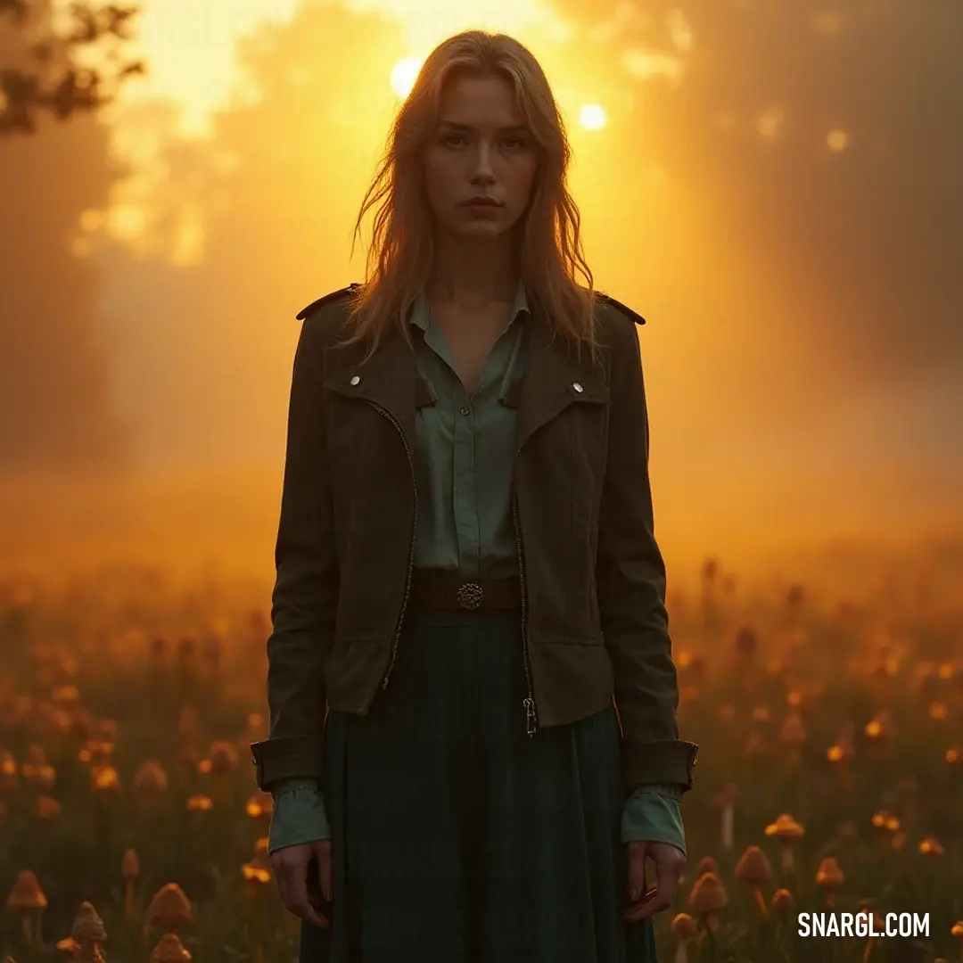 Bathed in the gentle glow of a sunset, a figure stands enchanted among blooming flowers, where the fog weaves a dreamlike essence into this idyllic moment in nature's exquisite embrace. A figure stands amidst a vibrant field of flowers under the warm embrace of a setting sun, where the golden light filters through the fog, adding a sense of magic and wonder to the picturesque landscape brimming with life.