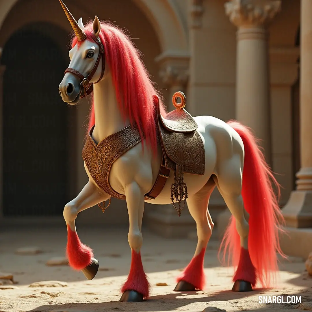 Adorable Toy Wind Unicorn Ready for Adventure An adorable toy wind unicorn with a gleaming pink mane and a well-fitted saddle stands energetically, its back legs poised for a gallop, embodying the spirit of adventure and fantasy in a vibrant playroom filled with imagination.
