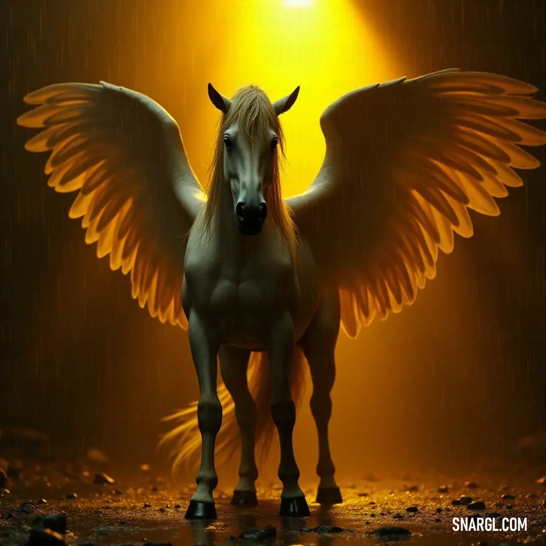 A windchaser with graceful wings stands, shadowed in rainy surroundings, illuminated by a bright light that breaks the darkness, creating a striking contrast.