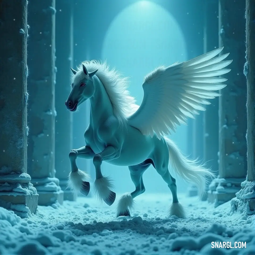 White Windchaser with wings running through a snowy field, past ancient columns and pillars. A White Windchaser with wings outstretched runs swiftly through a snow-covered landscape, with ancient columns and crumbling pillars in the background. The snowy expanse adds a sense of mystique to this wintery scene.