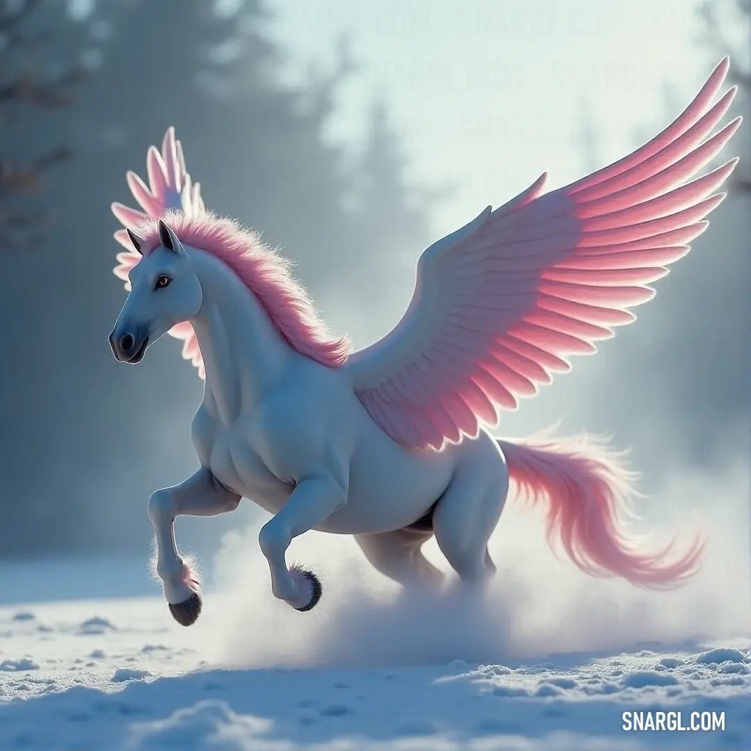 A White Windfeather with delicate pink wings runs through the snow-covered ground, trees lining the horizon as the cold winter air brushes against its wings. The winter landscape is alive with movement and energy.