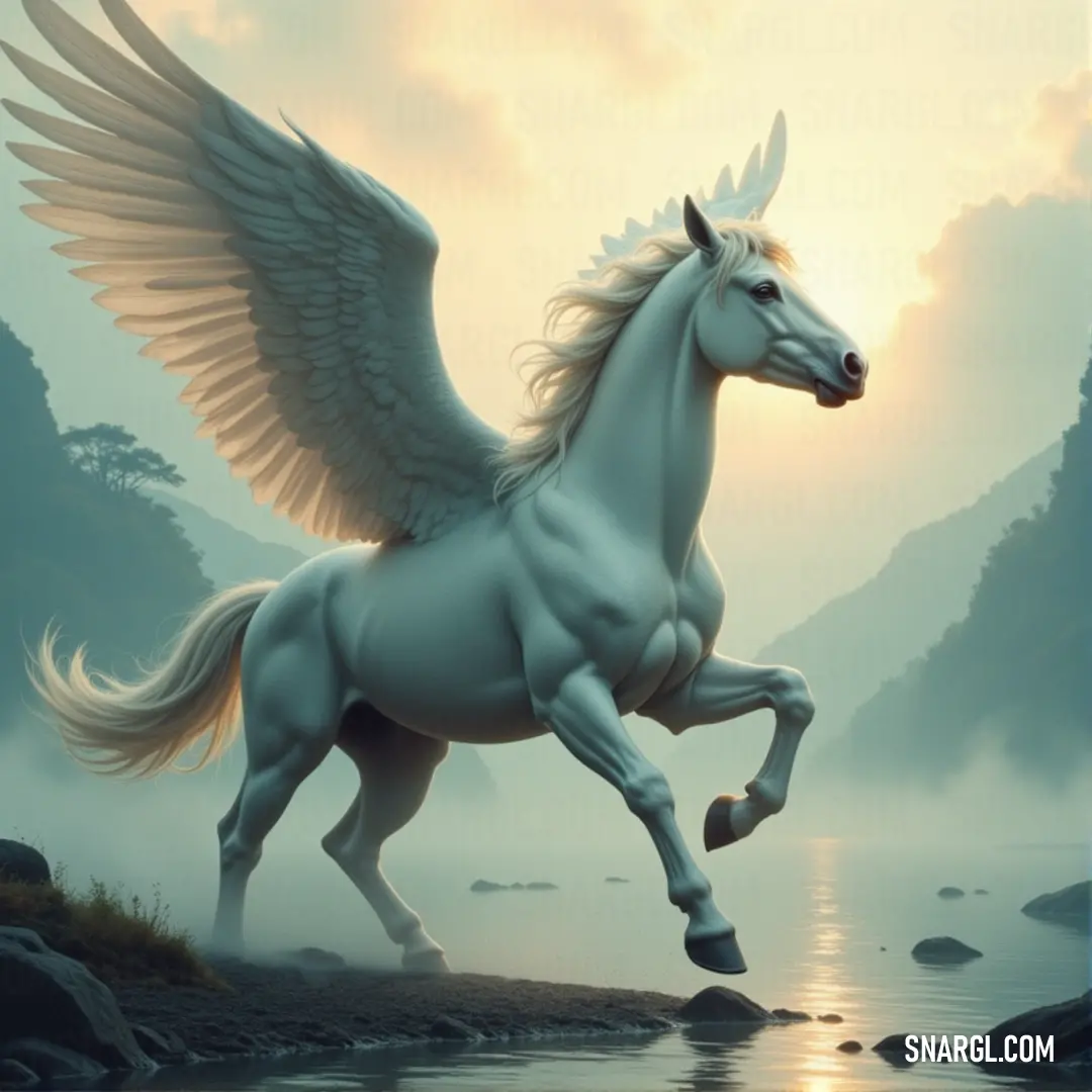 A White Windfeather with wings runs across the surface of a serene body of water, with majestic mountains rising in the background, creating a sense of freedom and beauty. A White Windfeather with wings gracefully runs across a clear body of water, with towering mountains in the distance. The tranquil water reflects the bird's movement, while the majesty of the mountains enhances the beauty of the scene.