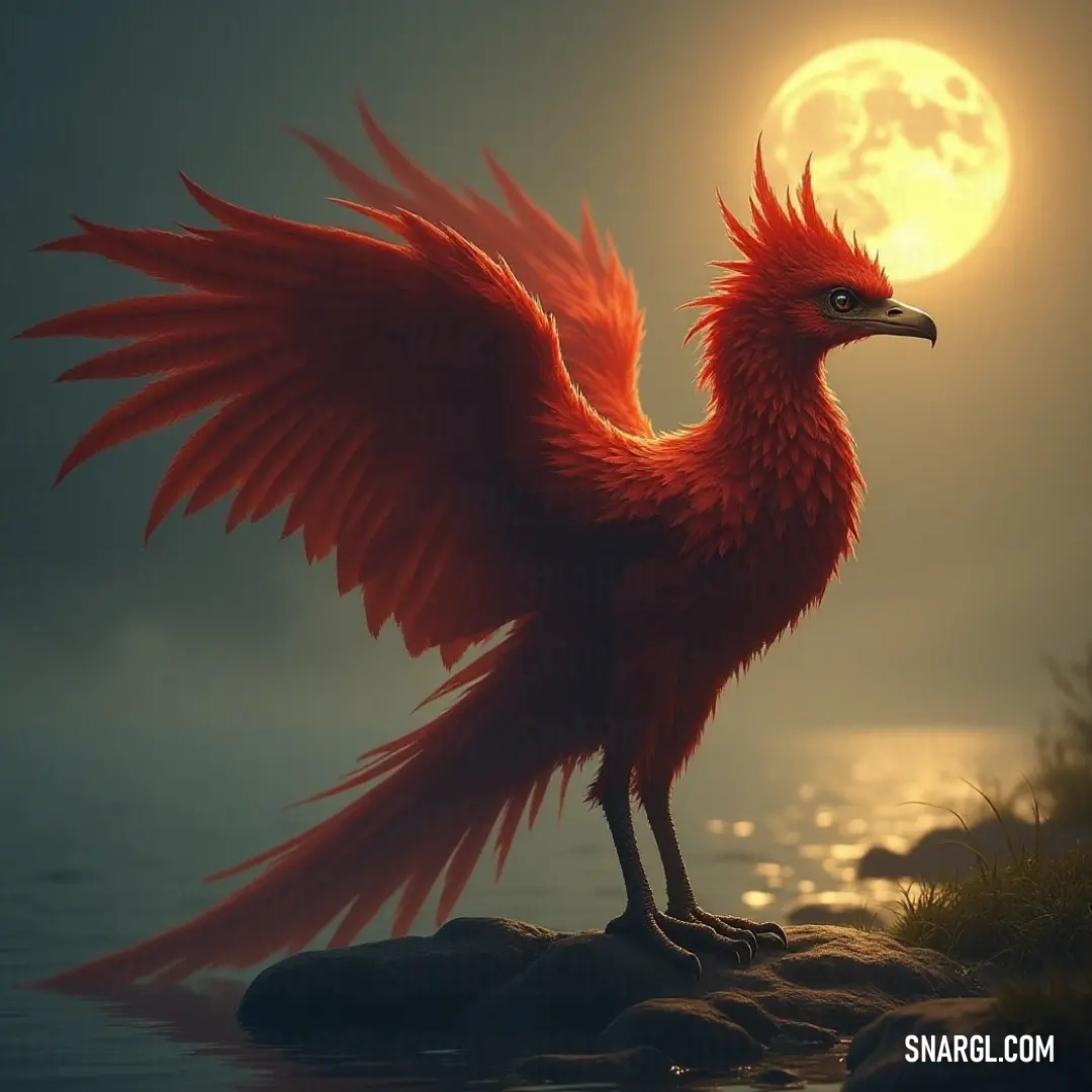 A stunning Red Windfeather poised before a luminous full moon and reflective waters. The Red Windfeather stands on a rocky outcrop, wings fully extended, juxtaposed against an expansive full moon and shimmering water, embodying a serene moment of grace amidst a captivating natural landscape.