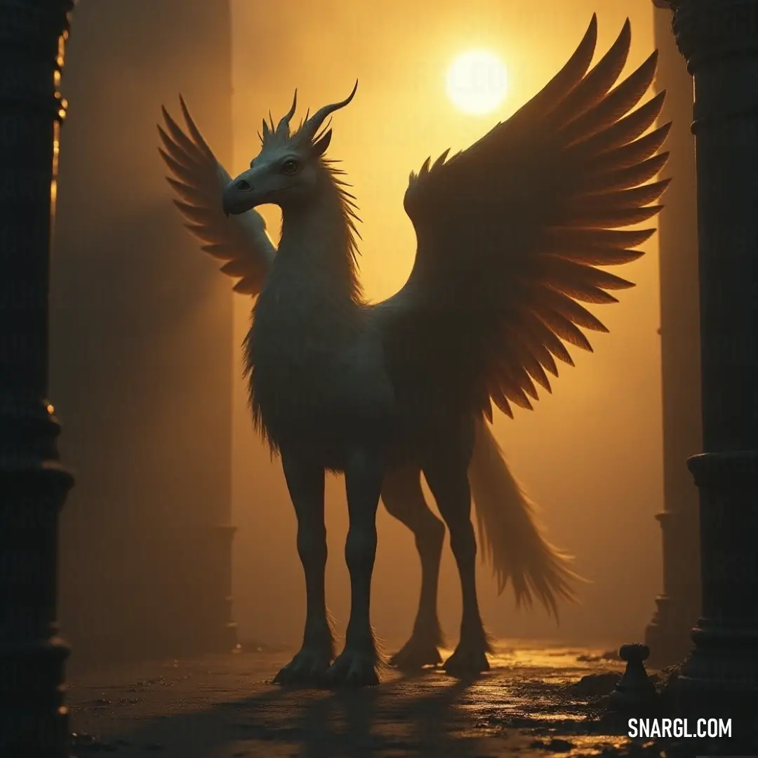 The ethereal Windfeather, with its beautifully detailed wings, illuminates the fog-drenched environment, standing gracefully beneath the sunlight, which filters through the mist and highlights the ancient columns in the backdrop.