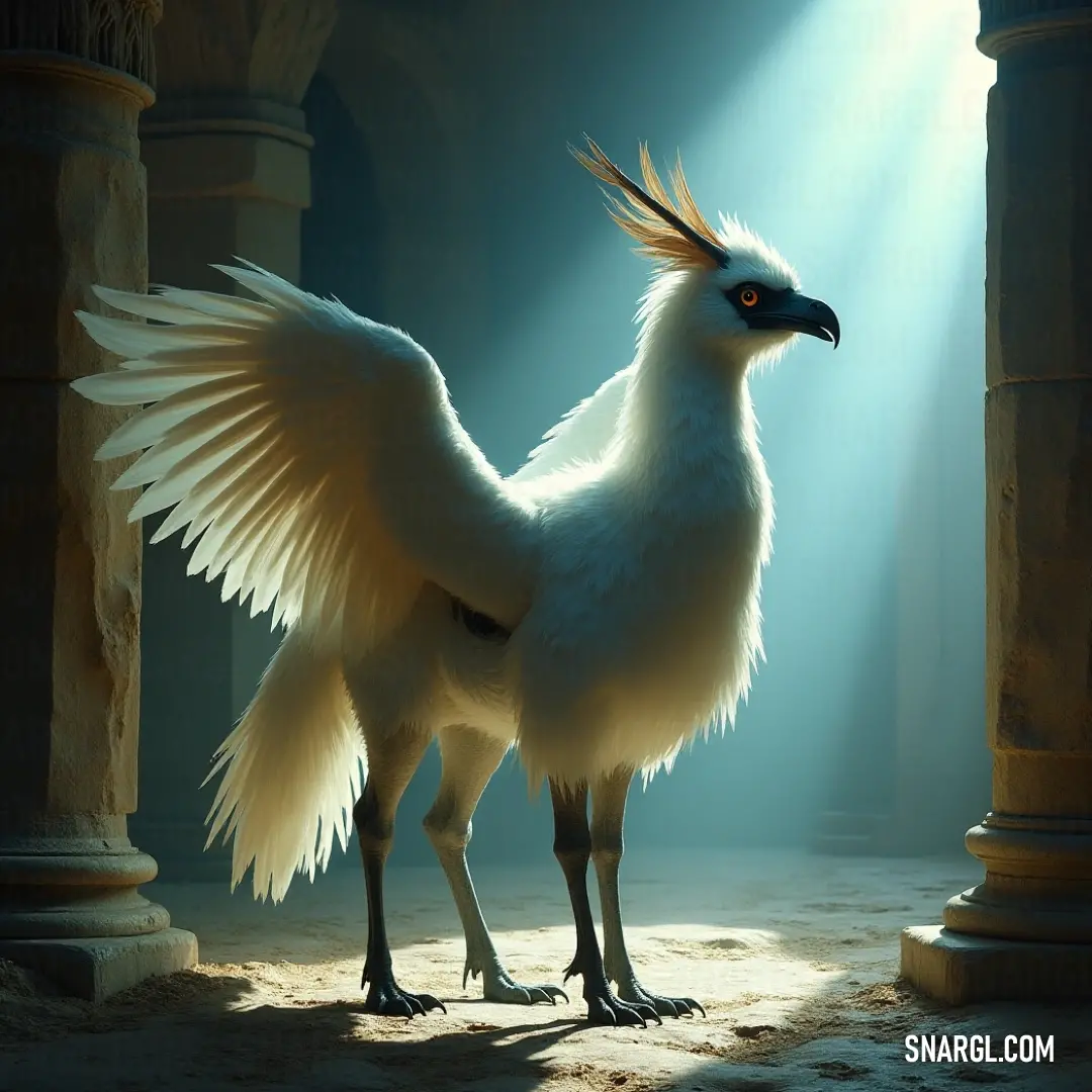 A striking White Windfeather with spread wings stands elegantly in a dimly lit chamber, illuminated by shafts of light filtering through the ceiling. A majestic White Windfeather with its wings fully unfurled, poised in a shadowy chamber adorned with ancient columns, where beams of light pierce through the ceiling, creating a serene yet mysterious atmosphere.