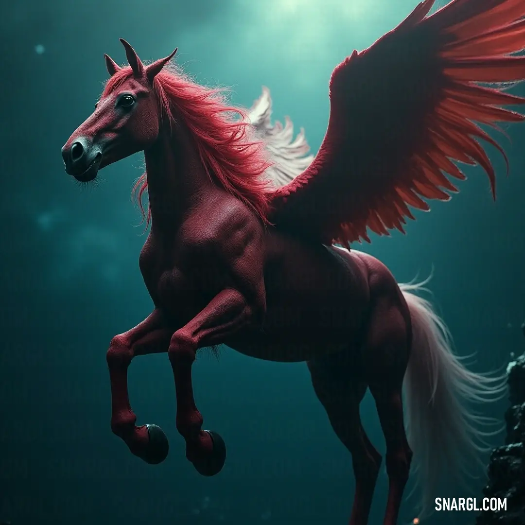 A glorious Red Windfire standing majestically in the water, its radiant wings casting reflections against the dark, mysterious background. The striking Red Windfire stands tall in the water, its vibrant wings illuminated by ethereal light against a shadowy backdrop, exuding an aura of elegance and power as it captures the essence of mythical beauty.