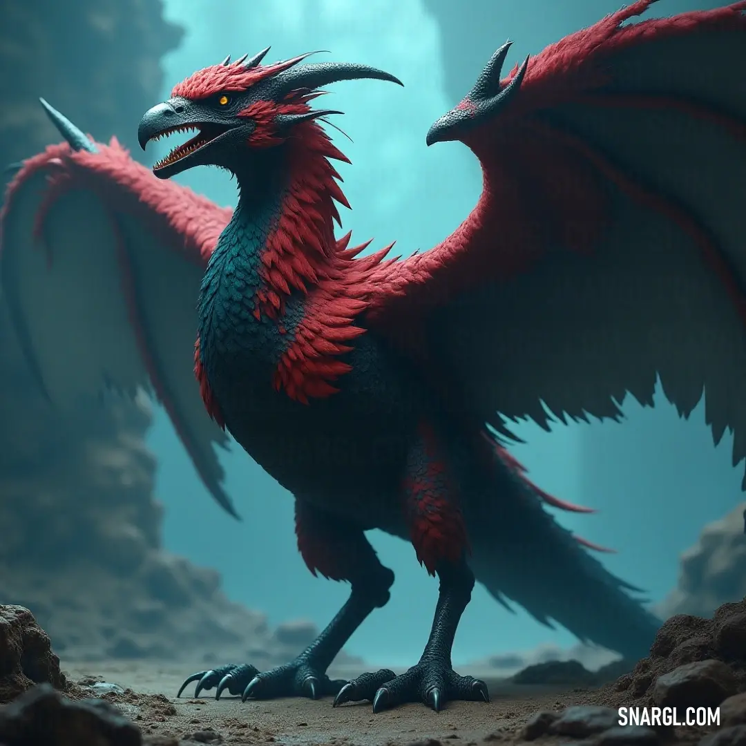 Serene Red and Black Windflame at Rest A regal Red and Black Windflame stands poised on rocky terrain, its wings majestically spread and eyes gently closed, embodying a moment of serene strength amid the rugged beauty of its natural habitat.