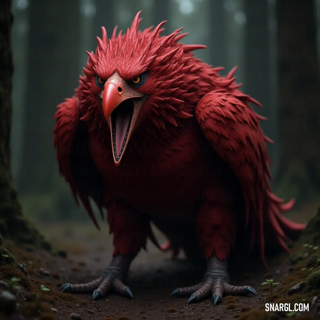 Vibrant Red Windflame in the Woods A remarkable Red Windflame with a lengthy and robust beak stands gracefully in a lush woodland, its mouth agape in a striking expression, adding a vibrant splash of color to the rich greens and browns of its forested realm.