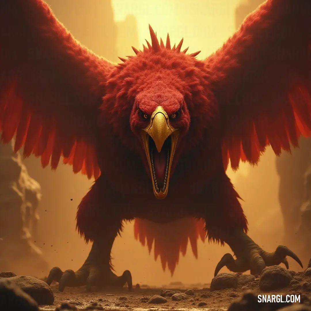 Bold Red Windflame in Full Display An impressive Red Windflame with a strikingly large beak and expansive wings, captured mid-display, unleashes its vibrant personality in the wild, showcasing the raw beauty of nature as it harmonizes with its surroundings.
