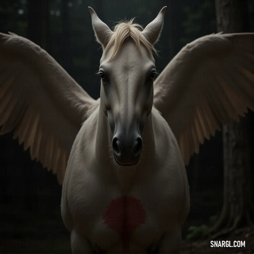A majestic White Windflare with large, ethereal wings stands gracefully in the middle of a serene forest, surrounded by towering trees and lush green grass, with dappled sunlight filtering through the canopy above.
