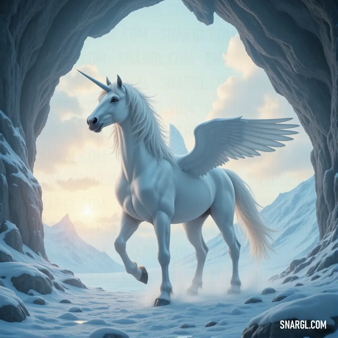 A White Windrider with wings stands in a cave, snow covering the ground as towering mountains loom in the distance, creating a quiet, powerful atmosphere. A White Windrider stands in a cave, its wings spread wide, with snow blanketing the ground. The jagged mountains in the distance and the stillness of the cave add to the majestic solitude of the scene.