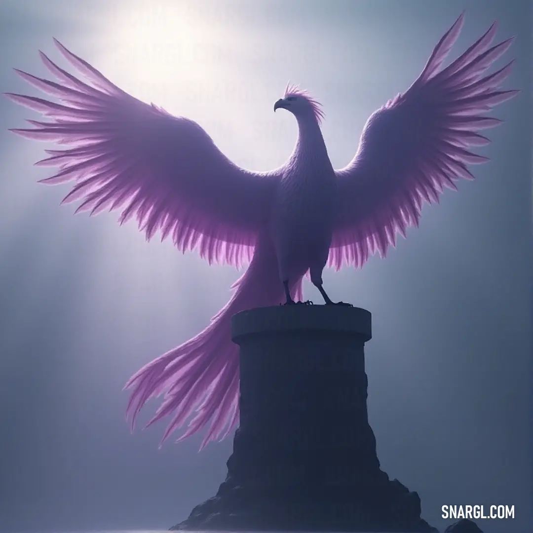 A magnificent Windrider with vibrant pink feathers spreads its wings wide while perched atop a grand pedestal. The wings appear grand and powerful as they stretch out in a display of beauty and dominance.