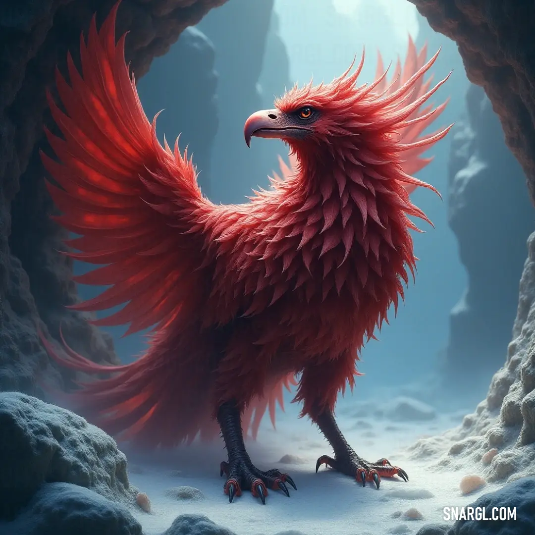 An impressive Red Windrider, poised and ready for flight, adorned with long feathers set against a dramatic backdrop. A fierce Red Windrider with long, flowing wings stands boldly, capturing attention with its dynamic pose and fiery feathers, ready to take flight against a dramatic sky that hints at an impending adventure.