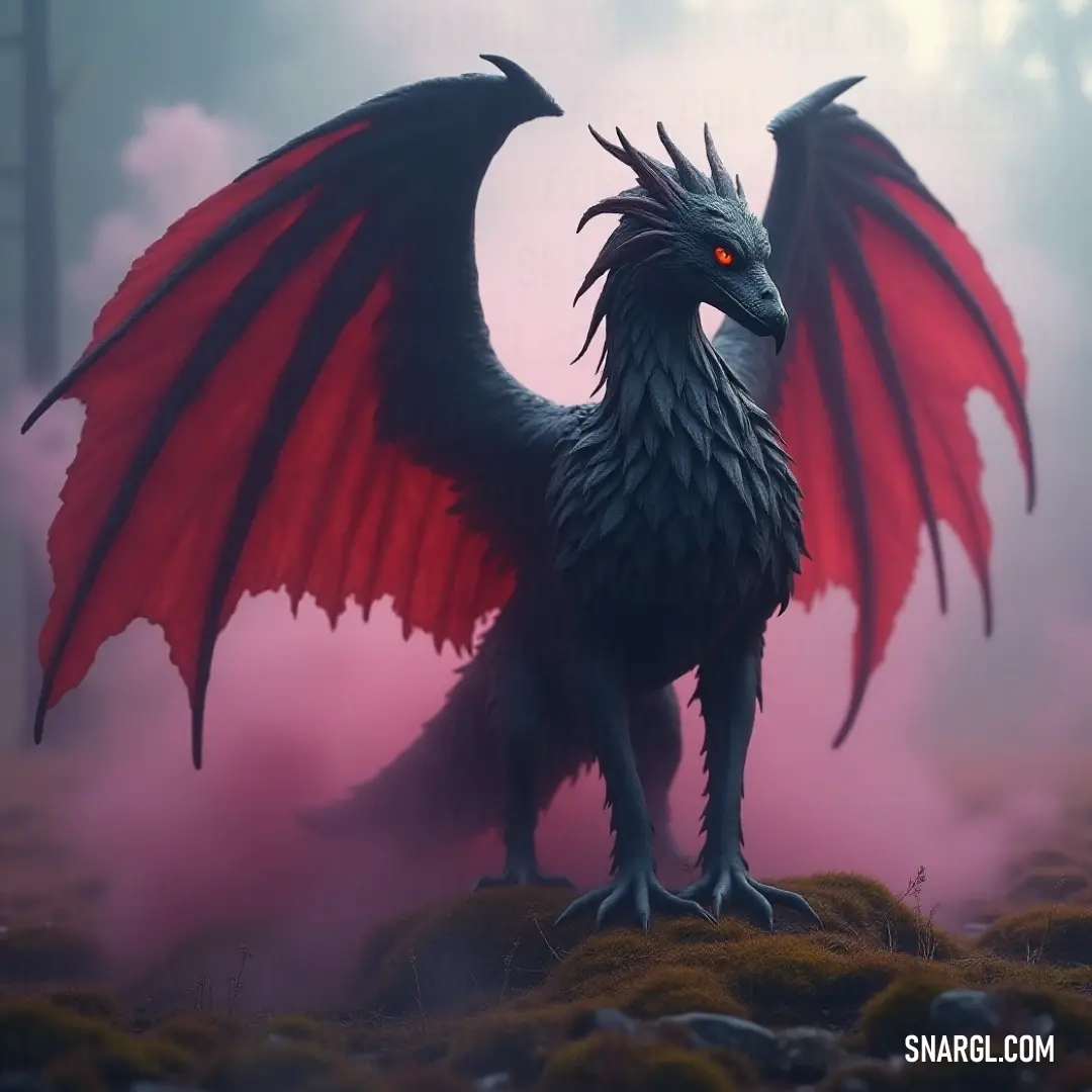 A formidable black and red windshadow stands atop a rocky area, its fierce red eyes cutting through the foggy landscape, exuding an otherworldly presence. A dramatic black and red windshadow, with piercing crimson eyes, stands resolutely on a rocky surface, surrounded by misty trees, creating an aura of mystery and allure in its shadowy domain.