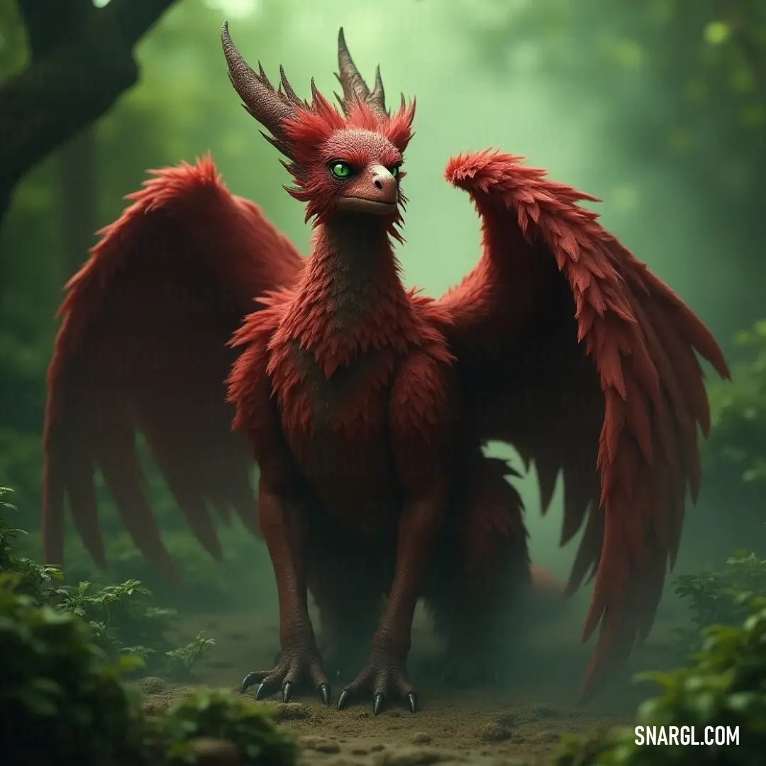 A stunning Red Windshadow with large wings poised elegantly in a serene forest setting, surrounded by trees and verdant bushes, illuminated by soft, warm light. A majestic Red Windshadow with expansive wings gracefully stands among ancient trees and lush bushes, basking in the tranquility of a vibrant forest, its vibrant feathers gleaming in the dappled sunlight that filters through the foliage.