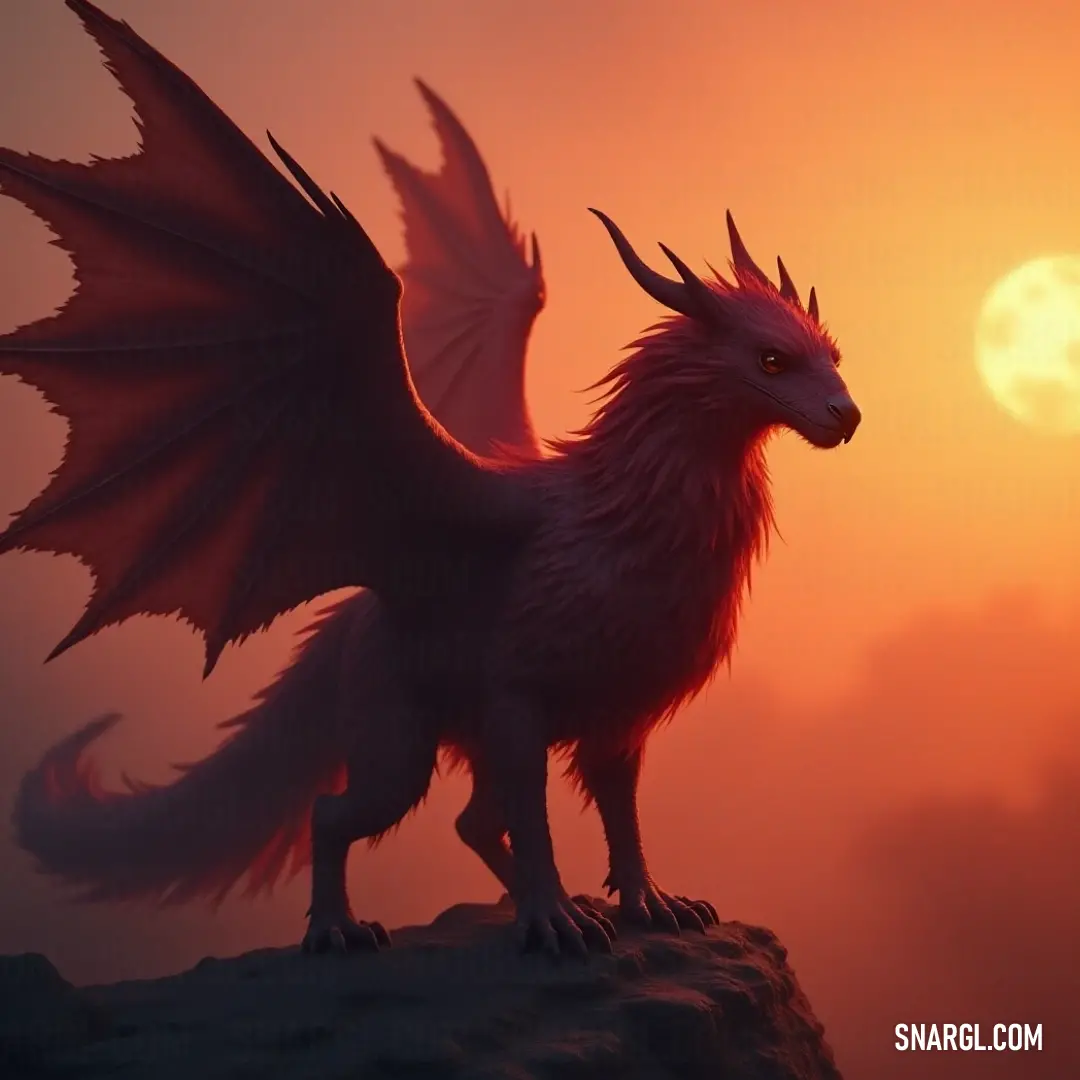 The captivating Red Windshadow proudly surveys its surroundings from a rocky perch, bathed in the golden hues of a breathtaking sunset in the background. The Red Windshadow, with its striking wings unfurled, stands proud atop a rugged rock formation, framed by the warm glow of a golden sun setting on the horizon, casting a magical ambiance around its majestic figure.