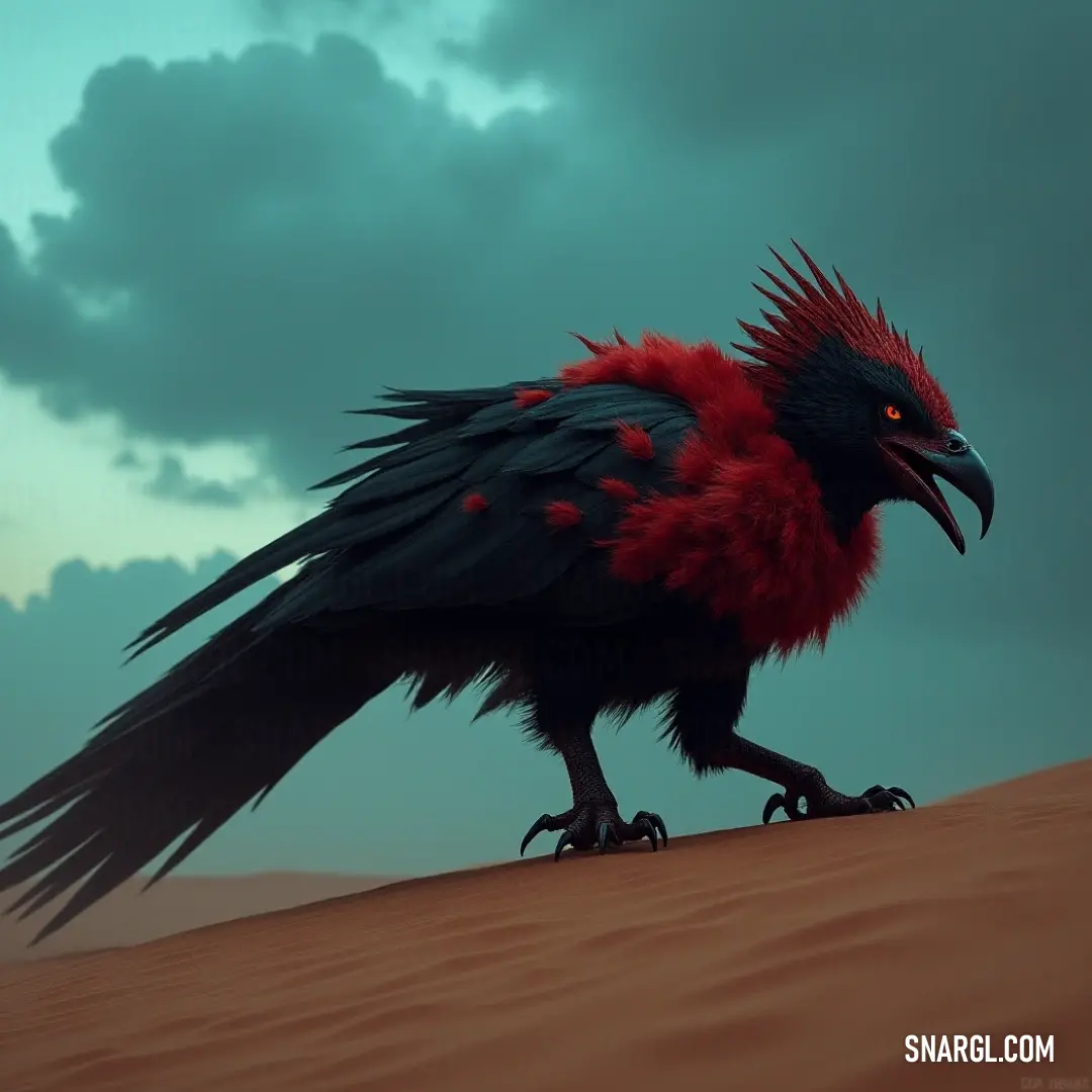 A magnificent Windshadow adorned with striking red feathers gracefully traverses a vast desert landscape, the dramatic clouds forming a captivating backdrop as it moves with elegance and grace.
