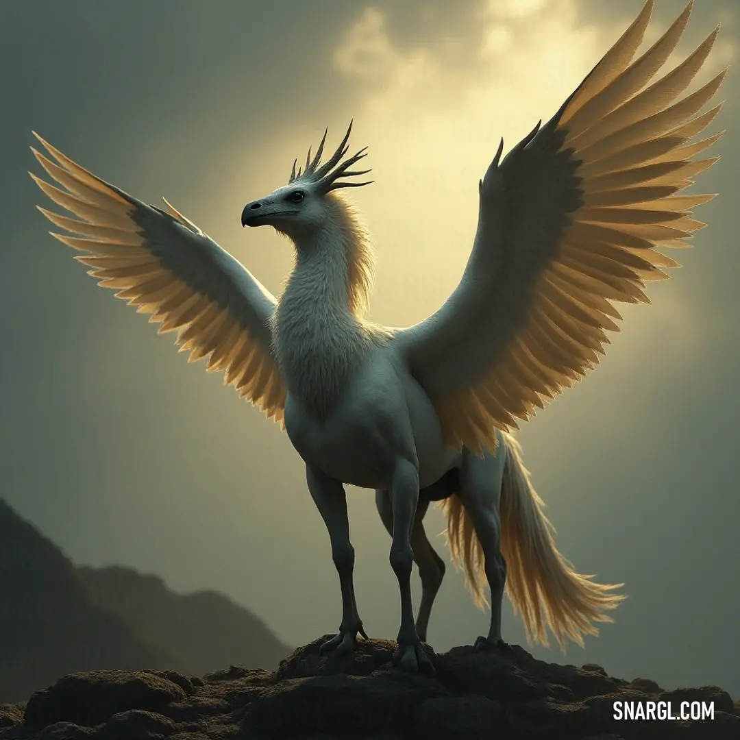 White Windshadow with majestic wings standing on a rock against a wide-open sky, ready to soar. A White Windshadow creature with vast wings stands atop a rocky formation, gazing into the distance. The open sky behind it adds to the sense of freedom, as the wings seem ready to take flight into the expansive blue.