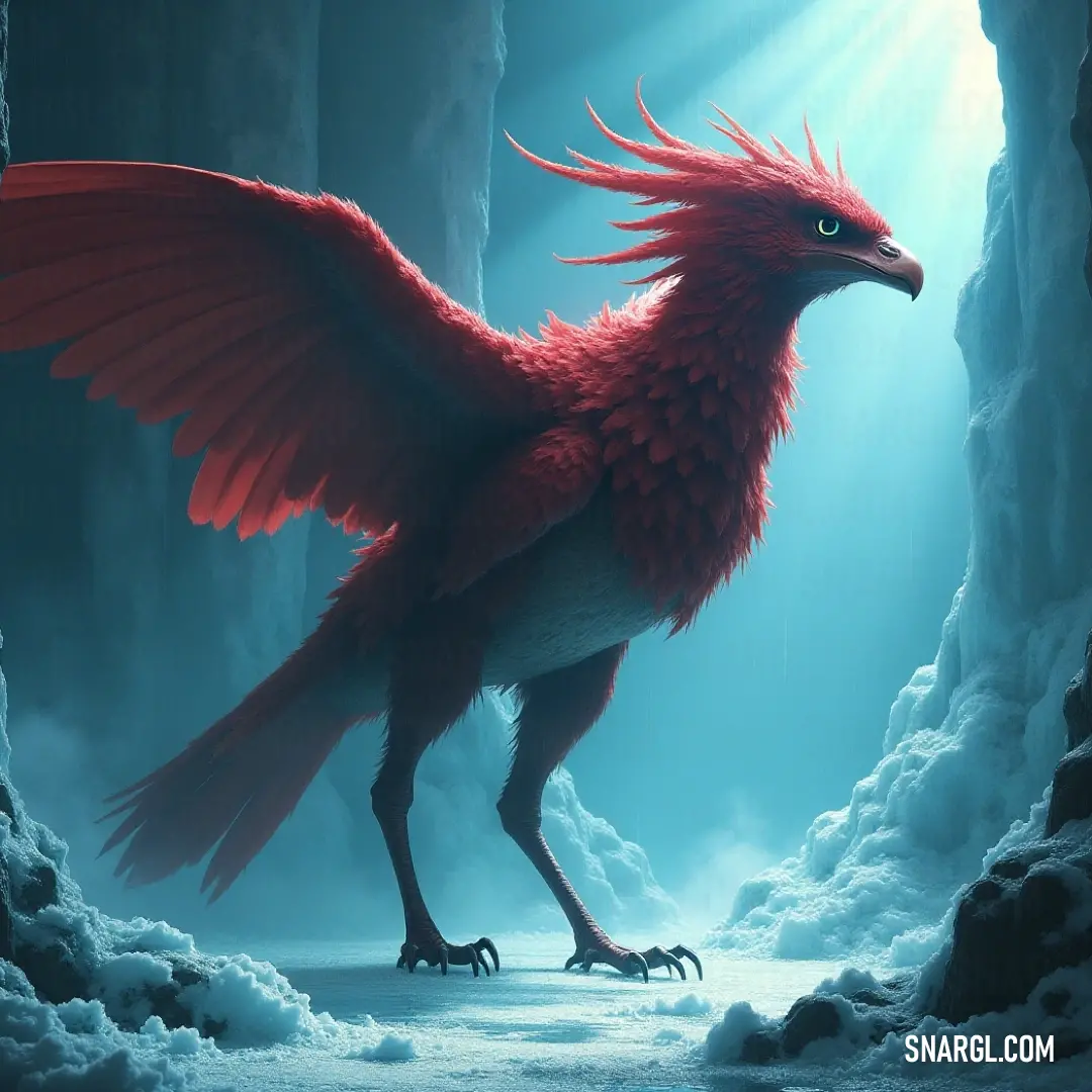 The captivating Red Windshear rests in an enchanted cave, illuminated by golden sunlight breaking through the frozen landscape, merging the elements of warmth and chill in one stunning scene. Inhabiting a serene cave where cool sunlight streams through, the vibrant Red Windshear with long, flowing wings radiates warmth and magic against a backdrop of shimmering ice and soft snow.
