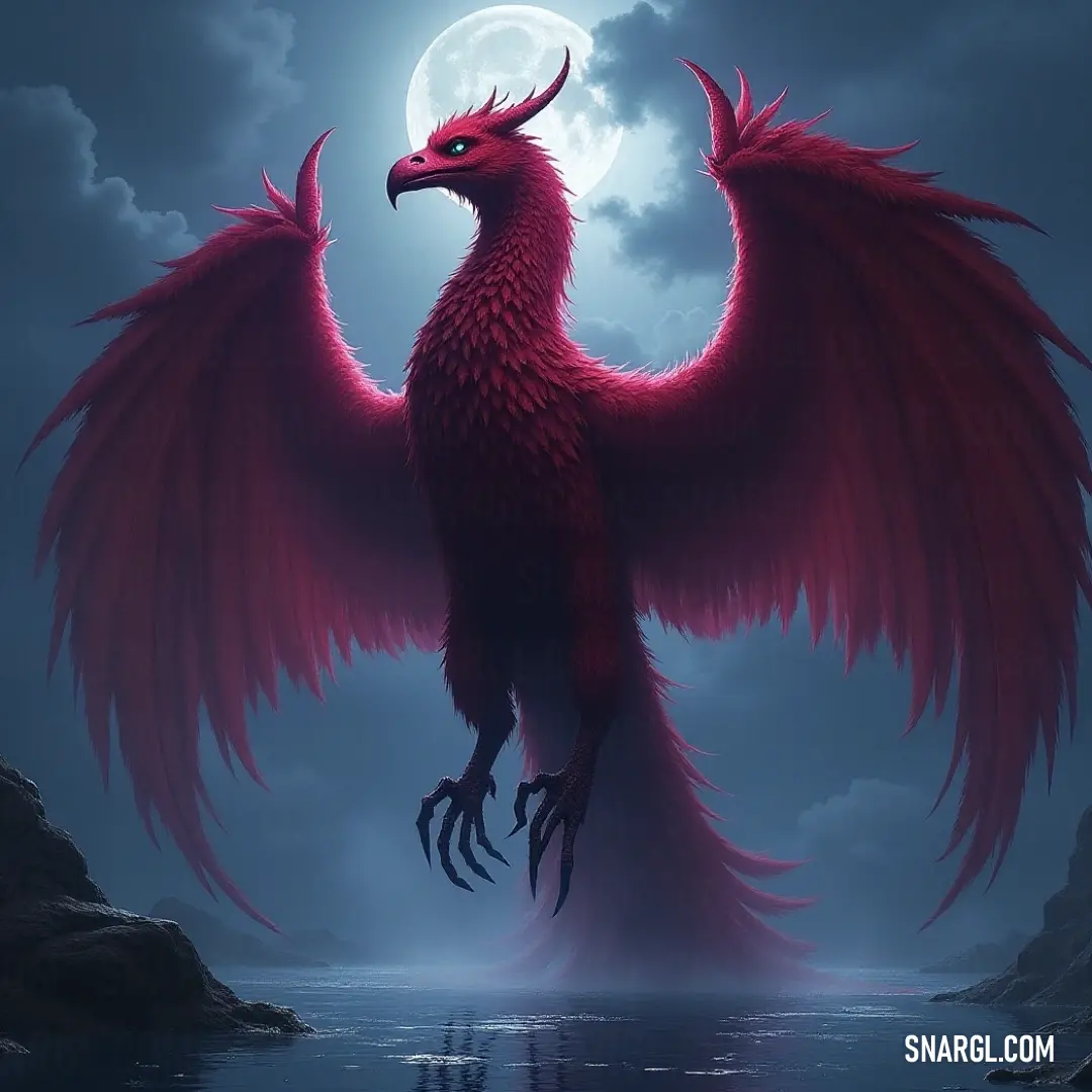 The awe-inspiring Red Windshear poised in tranquil waters under the enchanting full moon. The striking image of a Red Windshear reveals its large, vibrant wings spread wide as it gracefully stands in serene waters, mirrored by the silvery glow of a full moon above, creating a breathtaking scene of harmony between creature and nature.