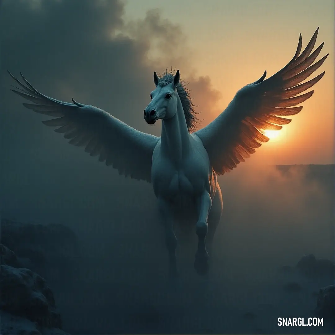 A winged creature flies gracefully through a foggy sky at dawn or sunset, with vibrant colors blending into the misty atmosphere. A winged figure soars through the sky at sunset or dawn, with the fog swirling around. The fiery colors of the sky reflect in the soft mist, creating a dreamlike scene of freedom and flight.