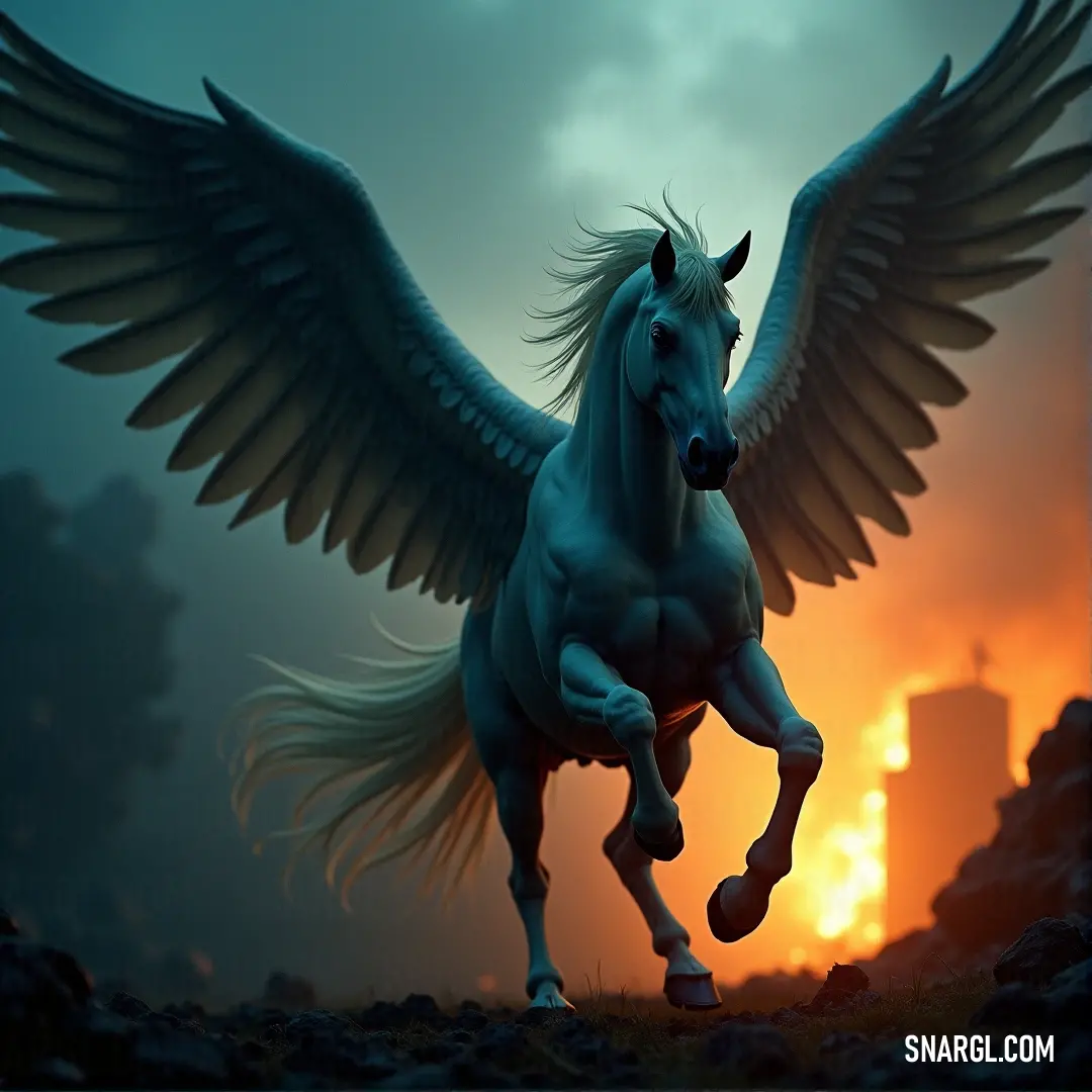 White Windstorm with wings unfurled races through a glowing sunset, the fiery colors of the sky reflecting off its wings. A distant city provides a backdrop, enhancing the sense of speed and freedom as the creature charges forward.