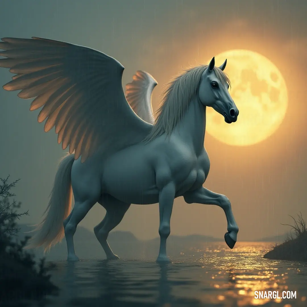 A stunning White Windstrike, with graceful wings outstretched, stands serenely in calm waters, illuminated by the soft glow of a full moon, enchanting the surroundings with its ethereal presence.