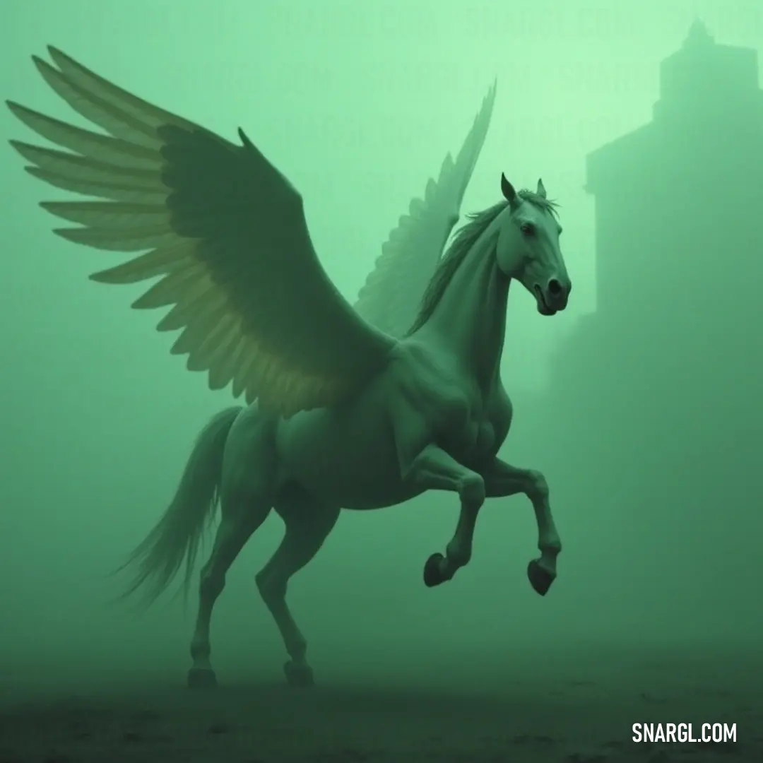 The White Windstrike with outstretched wings stands in the fog, with a distant castle hidden behind the mist, creating an aura of mystery and wonder. A majestic white creature, the Windstrike, spreads its wings gracefully as it stands amidst a mysterious fog. In the background, a grand castle looms through the mist, evoking a sense of ancient power and magic.