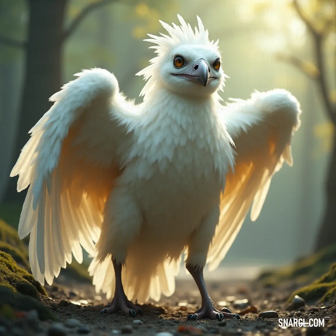 White Windstriker with a long tail standing gracefully in a sunlit forest with trees and rocks on the forest floor. A White Windstriker with an elongated tail stands in a tranquil forest, bathed in sunlight streaming through the canopy, highlighting the delicate details of the scene.