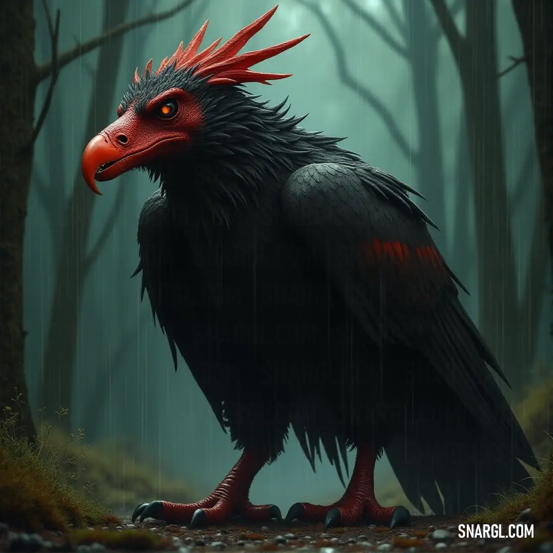 A black bird with crimson feathers stands unwavering in the rain-soaked forest, its presence as powerful as the storm itself, embodying the wild spirit of nature. A sleek, black bird with crimson feathers stands in the rain, its form sharp against the dark forest backdrop. The droplets of rain fall around it, adding an air of mystery to its already enigmatic presence. The bird stands tall, as if unbothered by the s