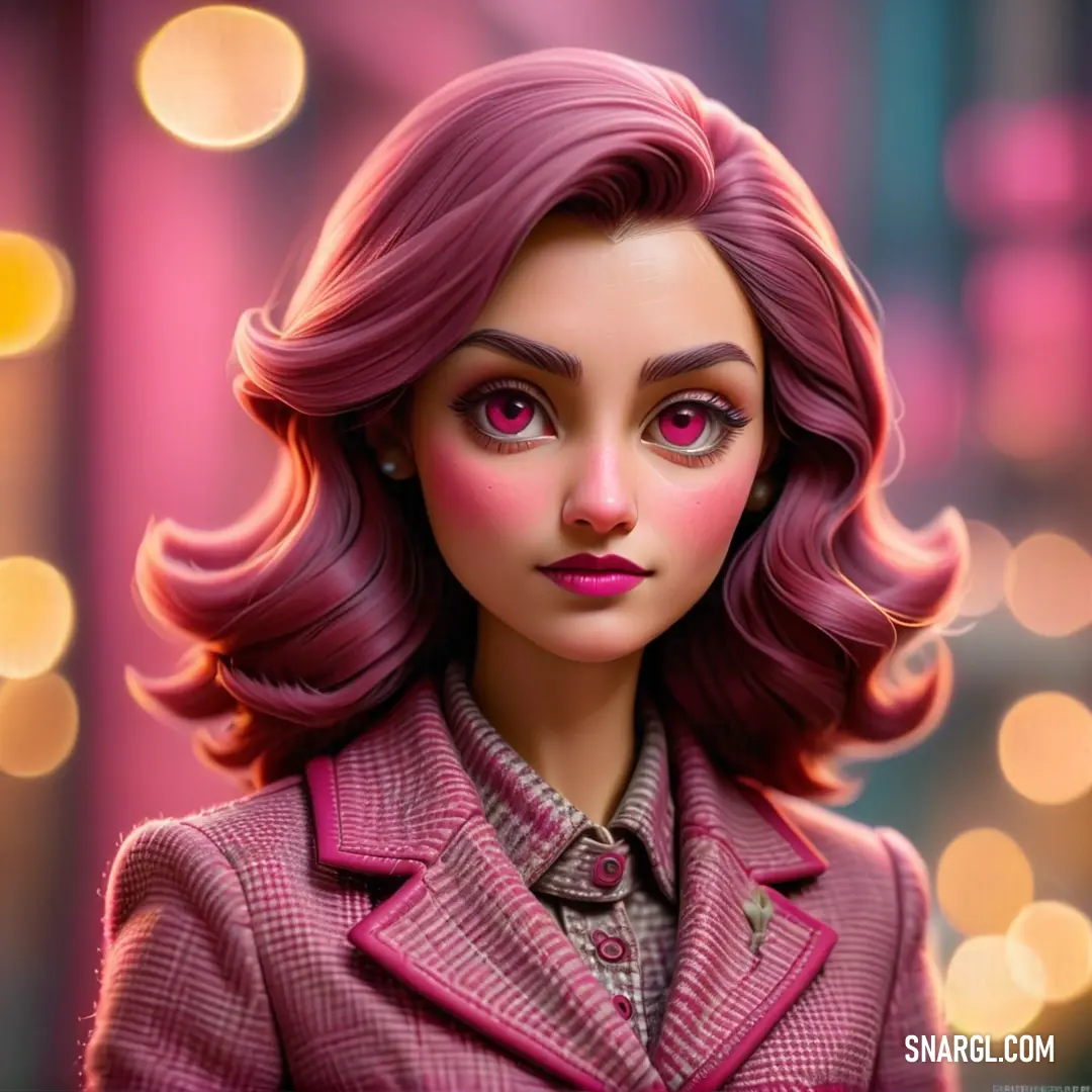 Doll with pink hair and a pink suit and tie on a city street at night with lights in the background. Example of Wine color.