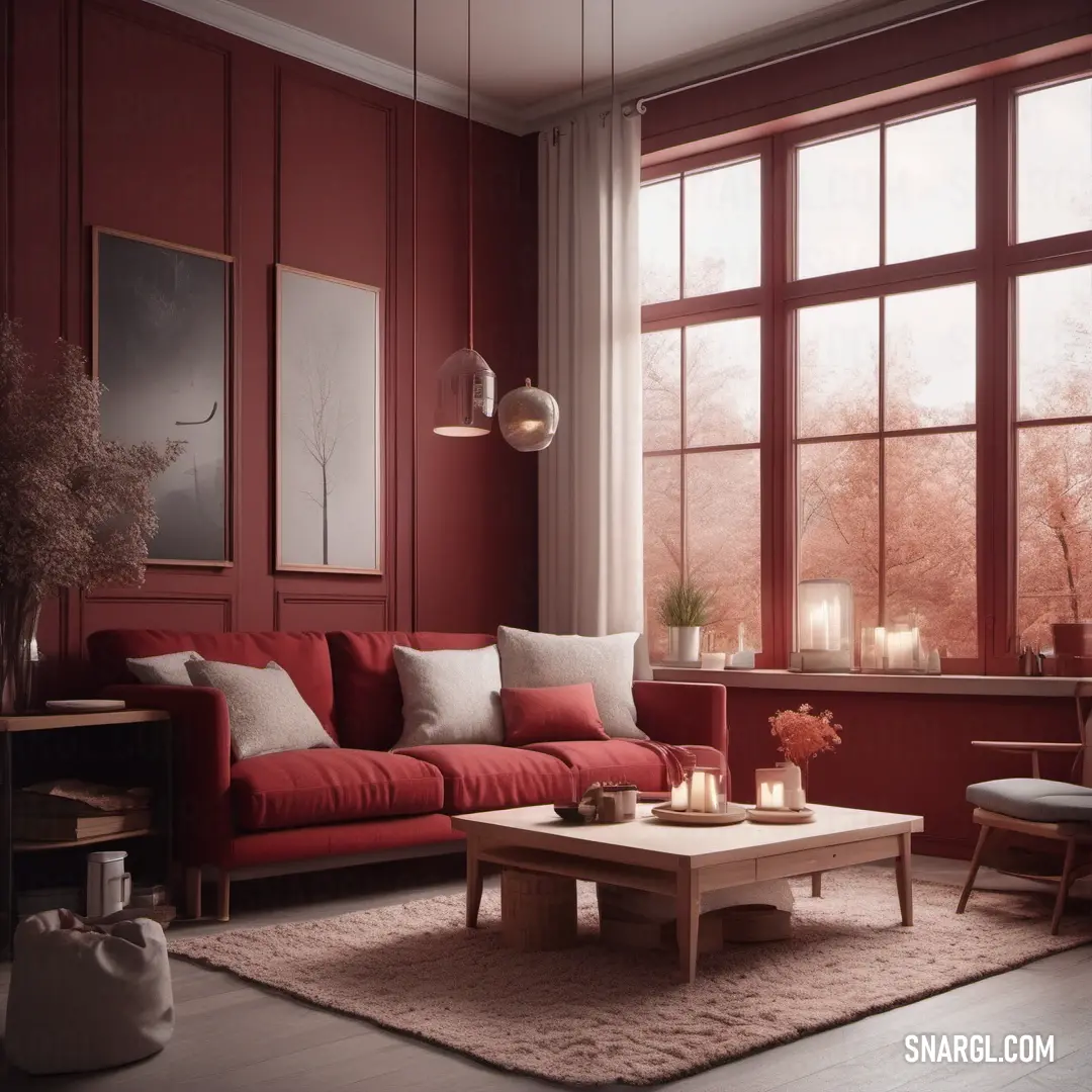 Living room with a red couch and a coffee table in front of a window with candles on it. Example of Wine color.