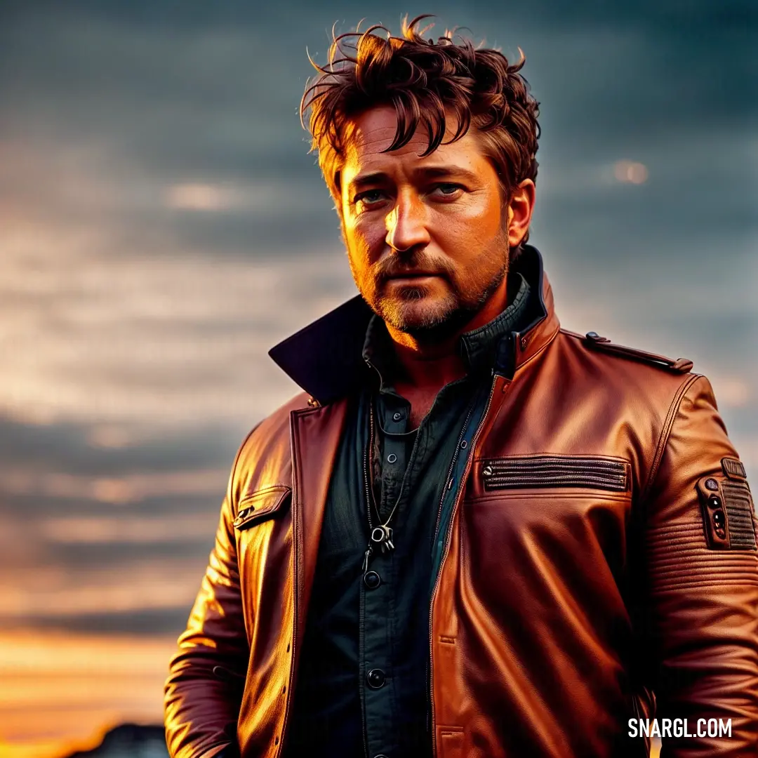 Man in a leather jacket standing in front of a sunset sky with clouds in the background