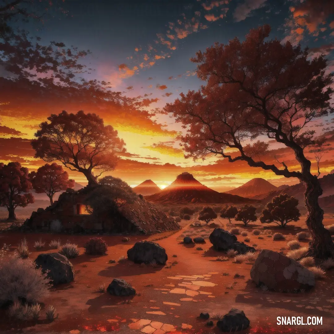 Painting of a sunset with trees and rocks in the foreground and a mountain in the background with a red sky