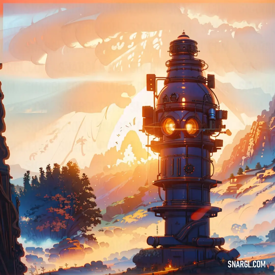 Painting of a tower with a light on it in the middle of a mountain range with a sunset