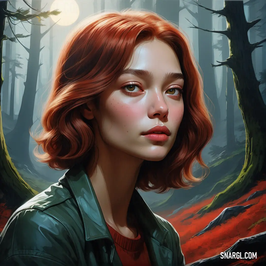 Painting of a woman in a forest with a full moon in the background and a red - haired. Color RGB 114,47,55.