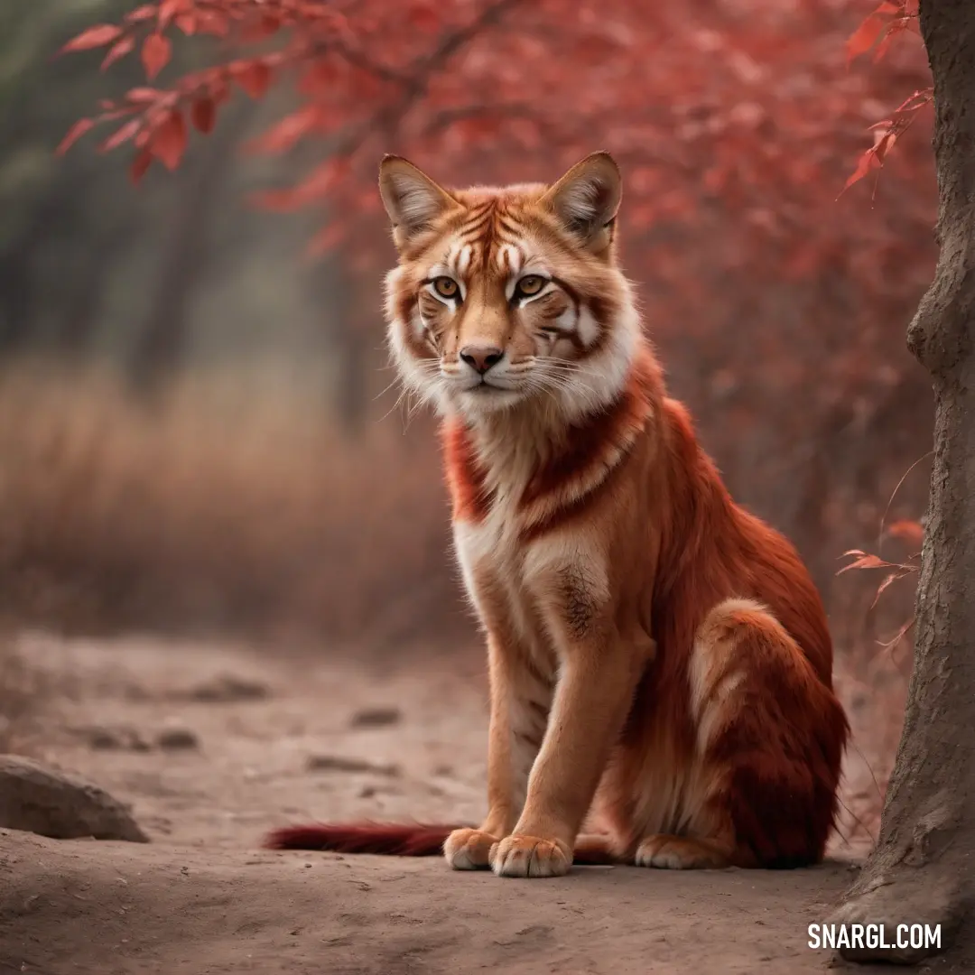 Red fox next to a tree in a forest with red leaves on it's branches and a red background. Color CMYK 0,59,52,55.