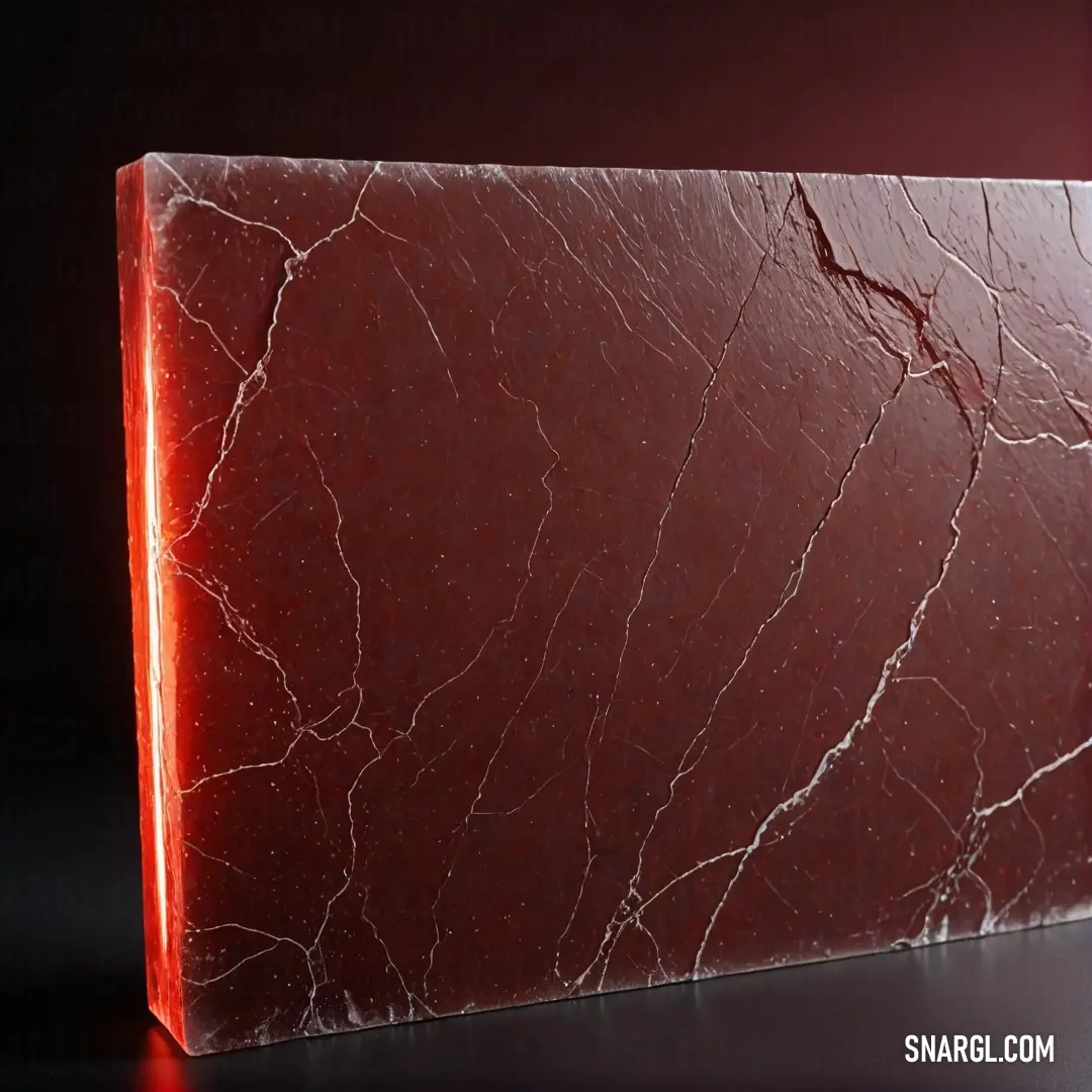 Red marble block with a red light coming out of it's center piece on a black surface. Color CMYK 0,59,52,55.
