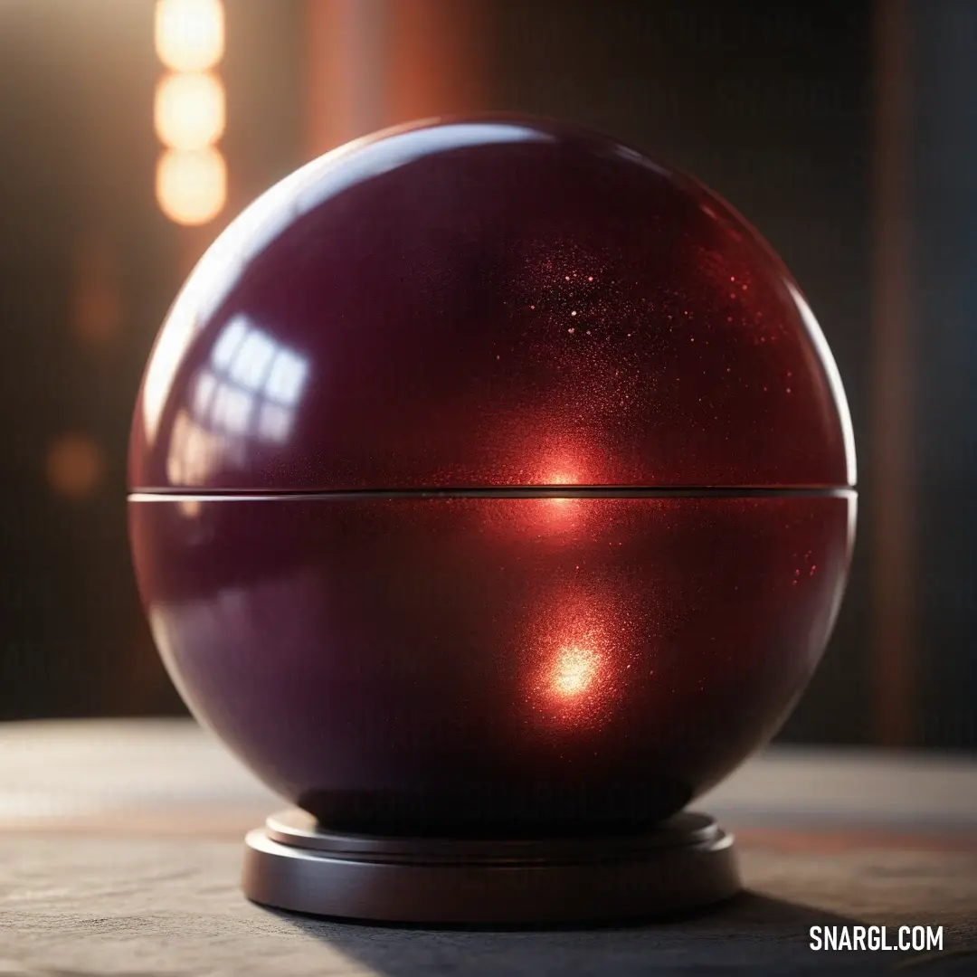 Shiny red ball on top of a wooden table top next to a light fixture and a window. Example of CMYK 0,59,52,55 color.
