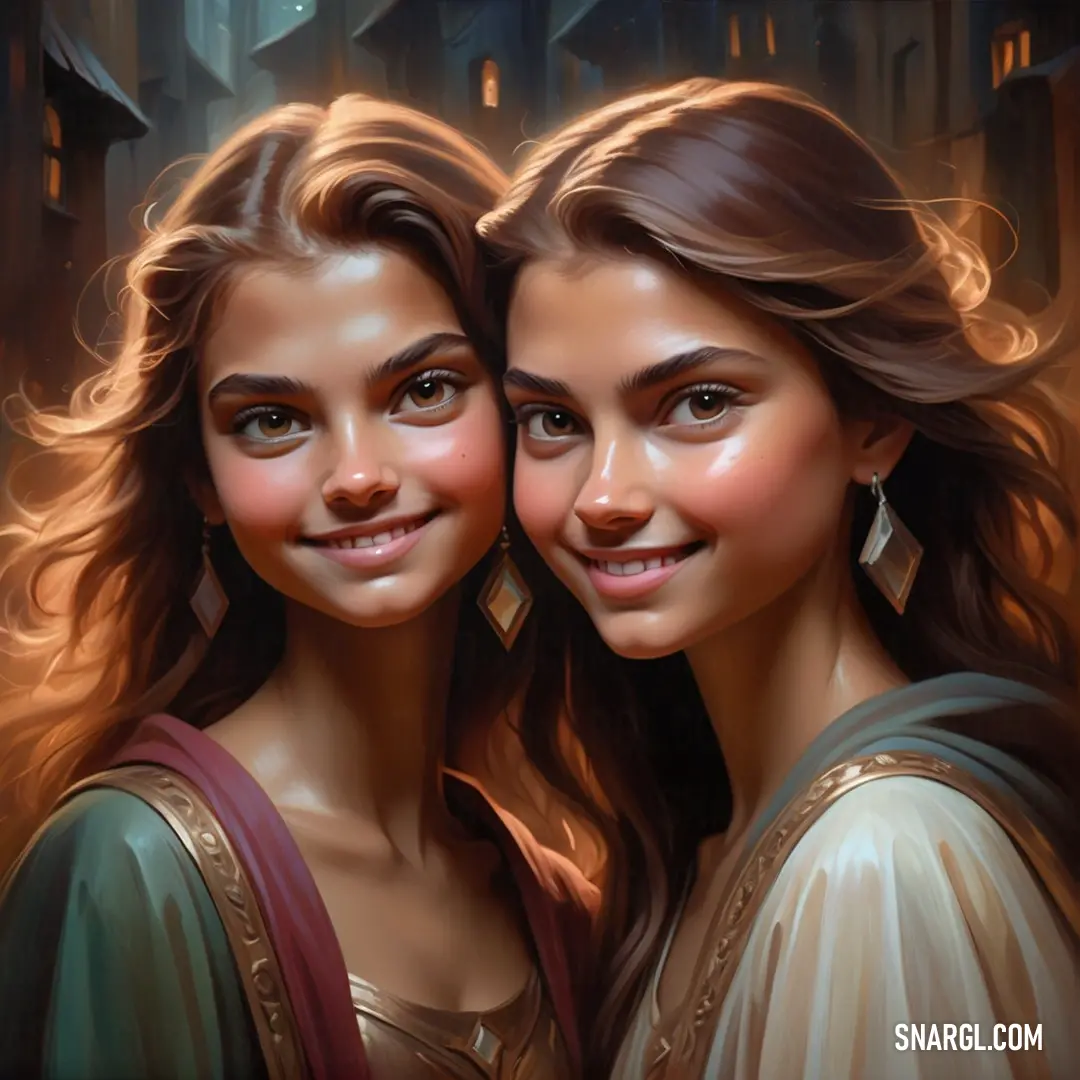 Two girls are smiling and posing for a picture together in a painting style. Example of RGB 114,47,55 color.
