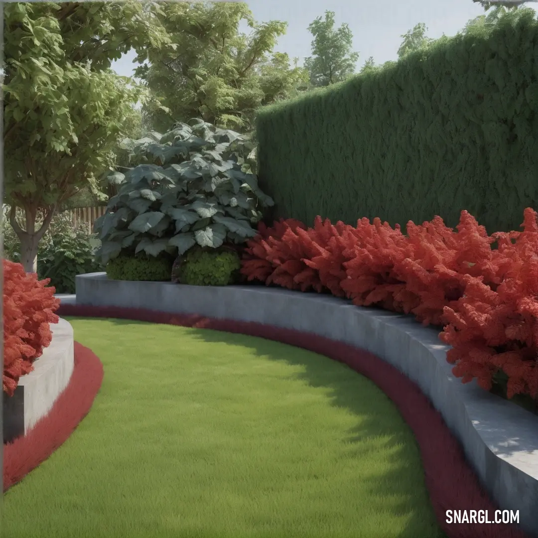 Garden with a curved lawn and a red planter in the center of the garden. Example of Wine color.