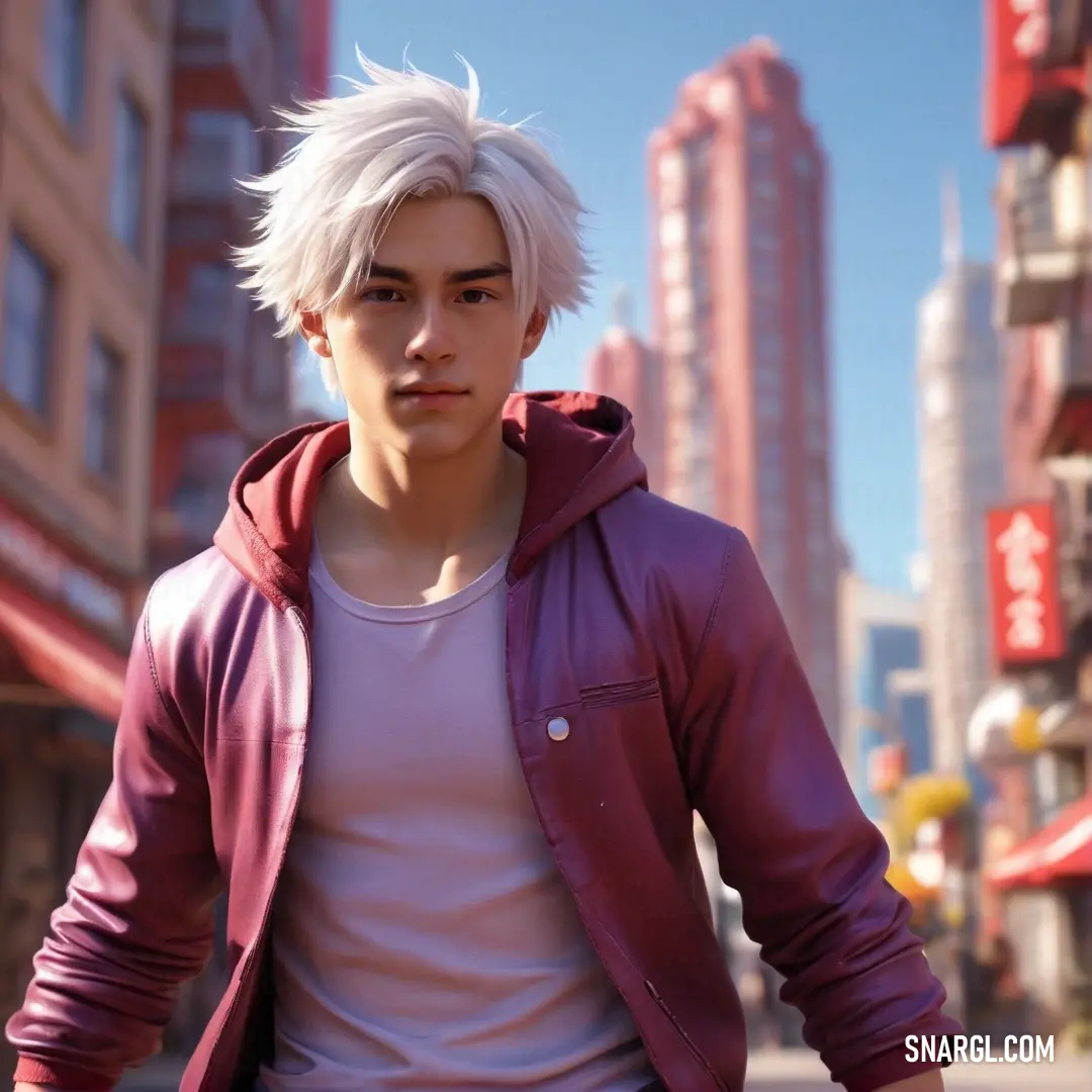 Man with white hair and a red jacket on a city street with buildings in the background. Color RGB 114,47,55.