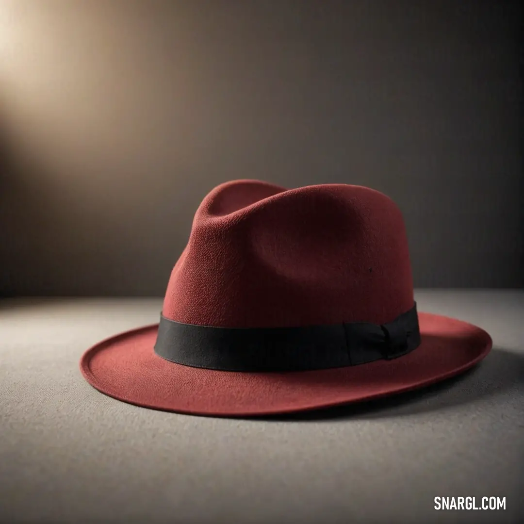 Red hat with a black band and a light behind it on a table. Color #722F37.