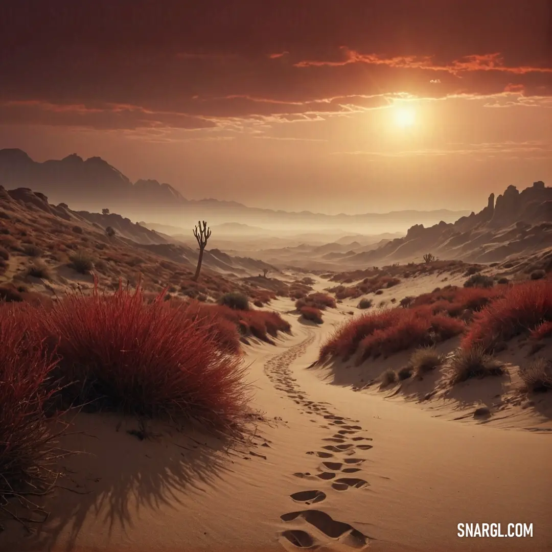 Trail in the desert with a sunset in the background. Example of #722F37 color.