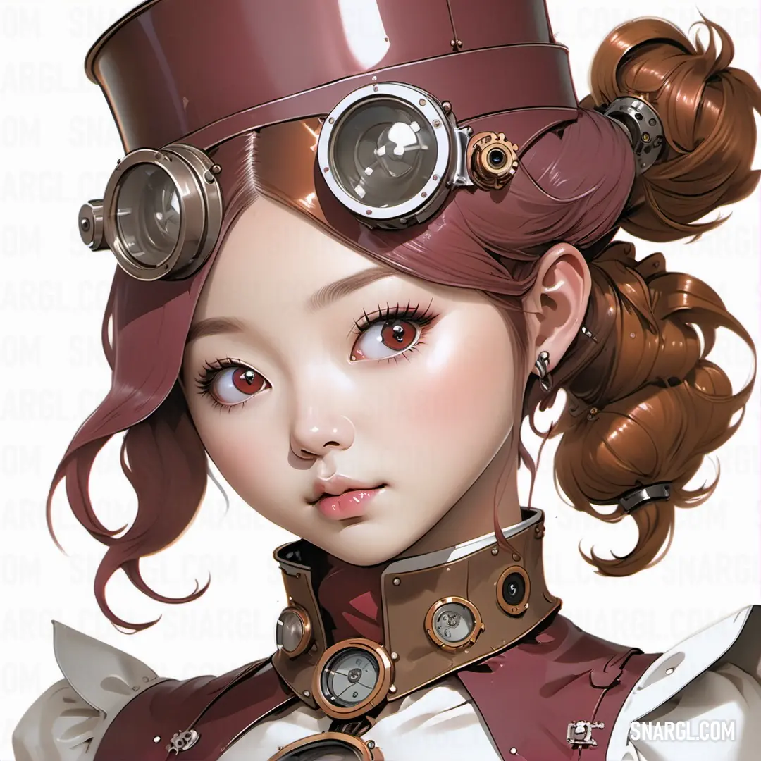 Woman with a hat and a steampunk on her head and a clock on her forehead. Example of Wine color.